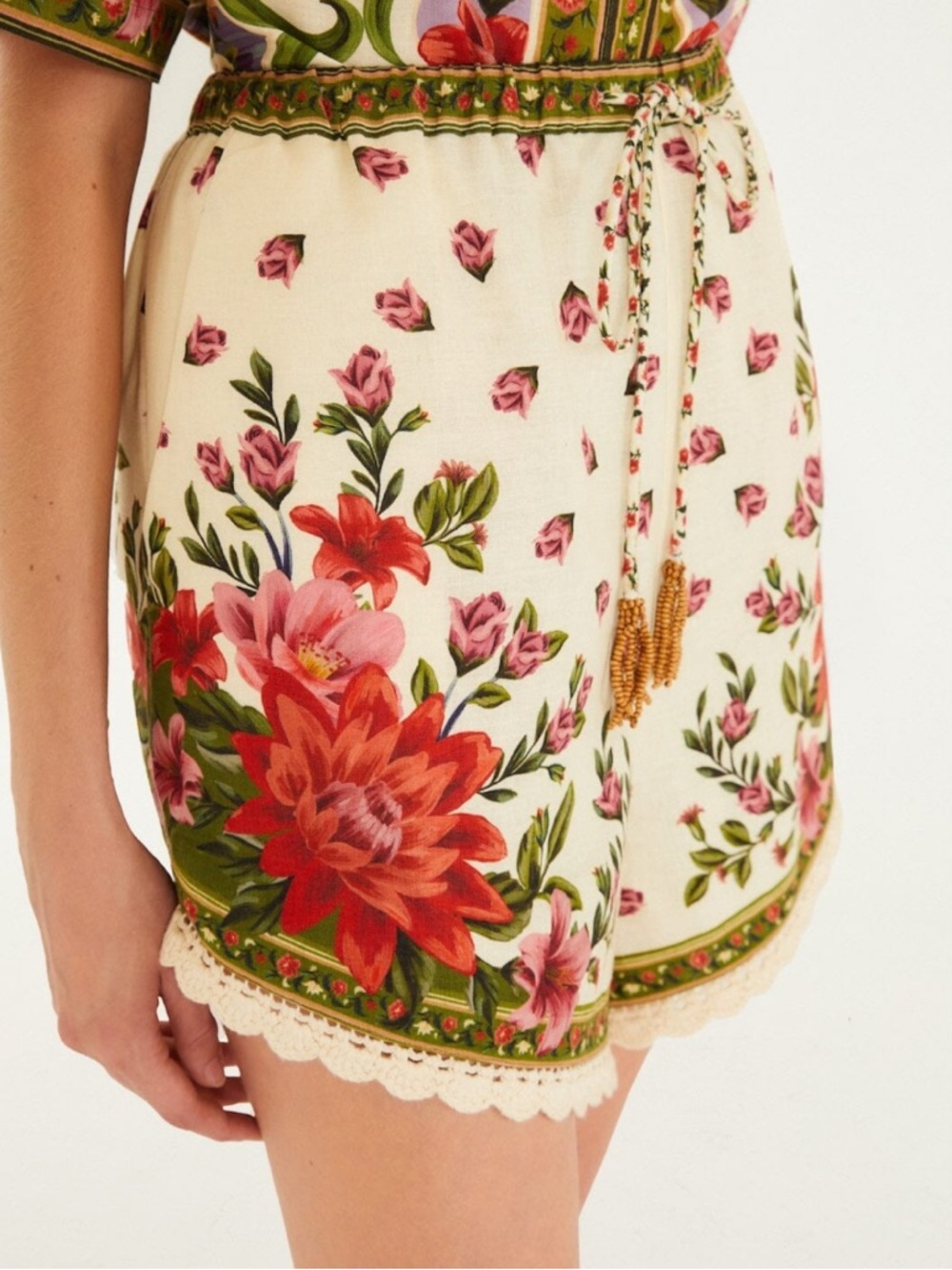 FARM Rio Sand Wonder Rio Floral Pink Roses Tie-Front Linen Shorts Size XXS NWT